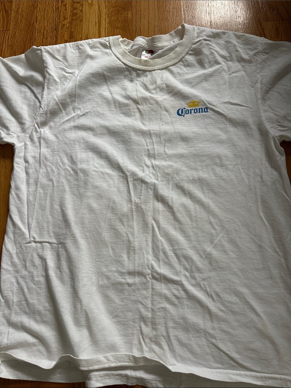 Corona White Tee with Blue Logo and Yellow Crown